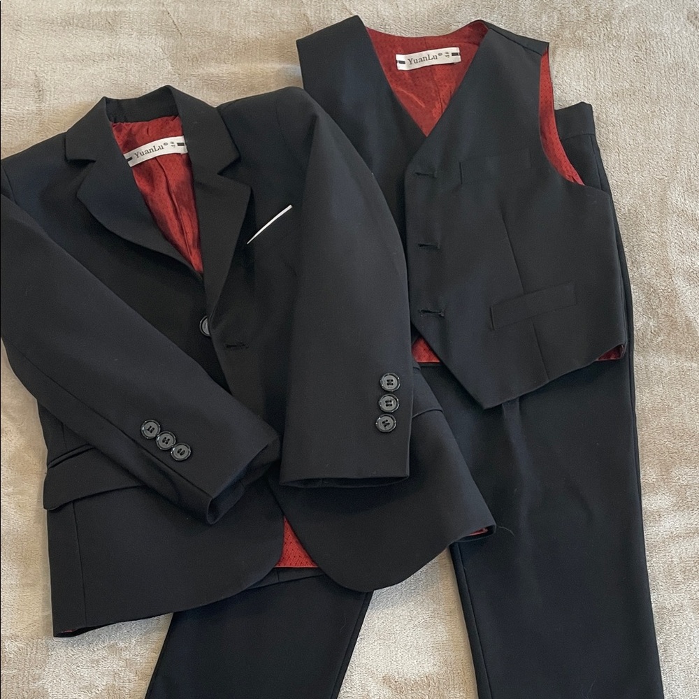 Boys Black Suit with Red Lining and Vest